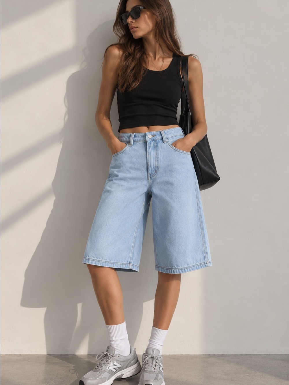 High-Rise Light Blue Denim Bermuda Shorts
